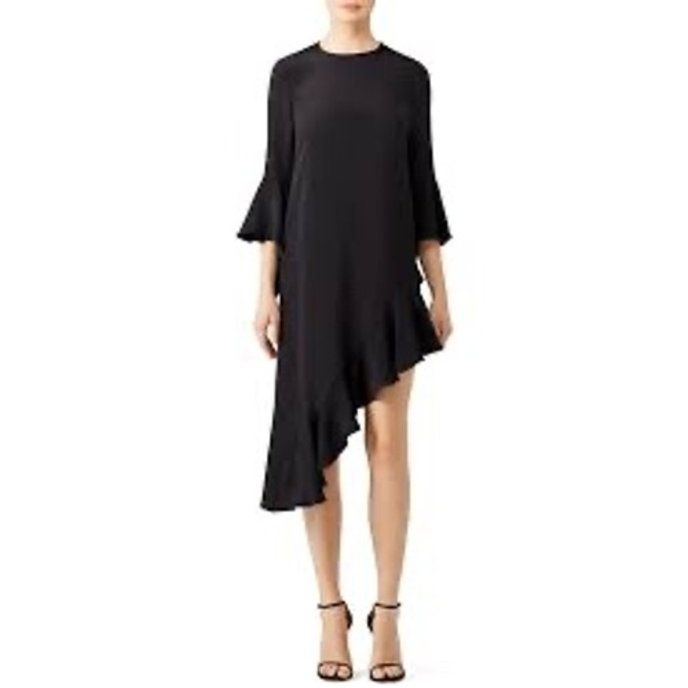 Alexis Hazel Asymmetrical Black Silk Cocktail Dress Sz M Ruffle Hem Bell Sleeve